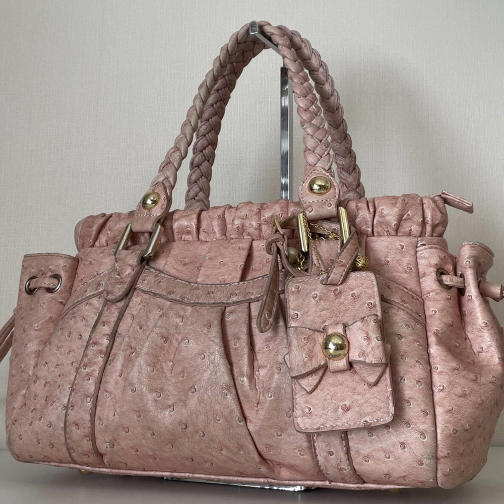 Samantha Thavasa Deluxe Genuine Ostrich Leather Pink Satchel Bag Japan